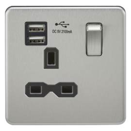 Screwless 13A 1G switched socket with dual USB charger (2.1A)-SFR9901-Knightsbridge