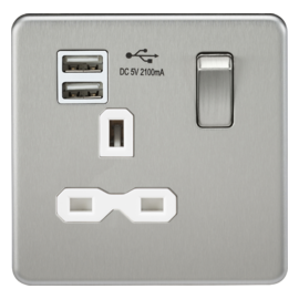 Screwless 13A 1G switched socket with dual USB charger (2.1A)-SFR9901BCW-Knightsbridge-Brushed chrome-White insert 