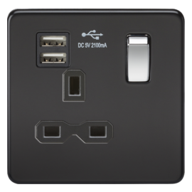 Screwless 13A 1G switched socket with dual USB charger (2.1A)-SFR9901MB-Knightsbridge-Matt Black (Chrome Rocker)-Black insert 