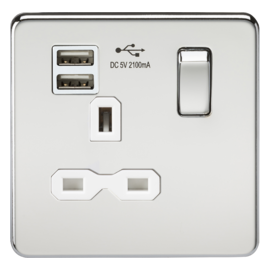 Screwless 13A 1G switched socket with dual USB charger (2.1A) - polished chrome with white insert