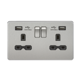 Screwless 13A 2G switched socket with dual USB charger (2.1A)