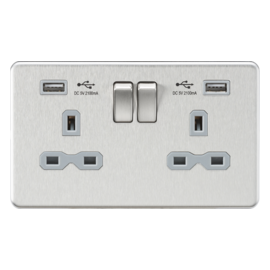 Screwless 13A 2G switched socket with dual USB charger (2.1A)-Brushed chome-Grey insert 