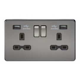 Screwless 13A 2G switched socket with dual USB charger (2.1A)-SFR9902BN-Knightsbridge-Black Nickel-Black insert 