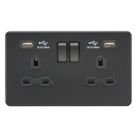 Screwless 13A 2G switched socket with dual USB charger (2.1A)-SFR9902MBB-Knightsbridge-Matt Black -Black insert 