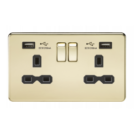 Knightsbridge Screwless 13A 2G switched socket with dual USB charger (2.1A) Polished Brass SFR9902PB 