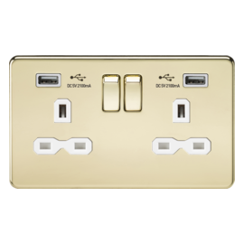 Knightsbridge Screwless 13A 2G switched socket with dual USB charger (2.1A) Polished Brass SFR9902PBW 