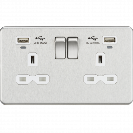 Screwless 13A Smart 2G switched socket with USB chargers (2.4A)-SFR9904N-Knightsbridge-Brushed chome-White insert 