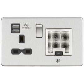 Screwless 13A socket, USB chargers (2.4A) and Bluetooth Speaker-SFR9905-Knightsbridge-Brushed chome-Black insert 