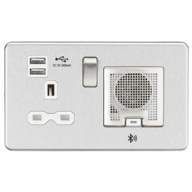 Screwless 13A socket, USB chargers (2.4A) and Bluetooth Speaker-SFR9905-Knightsbridge-Brushed chome-White insert 