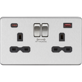 13A 2G DP Switched Socket with Dual USB FASTCHARGE ports (A + C) - Brushed Chrome with black insert